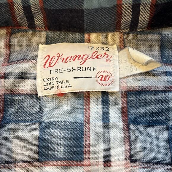 Vintage 60s Wrangler Pearl Snap Flannel Red Plaid Dagger Pt Collar 17x33 Large - Picture 5 of 6